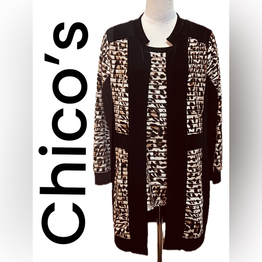 B10 2 Piece Set Chico's Black and Brown Geometric Cardigan and Blouse Set Size 1